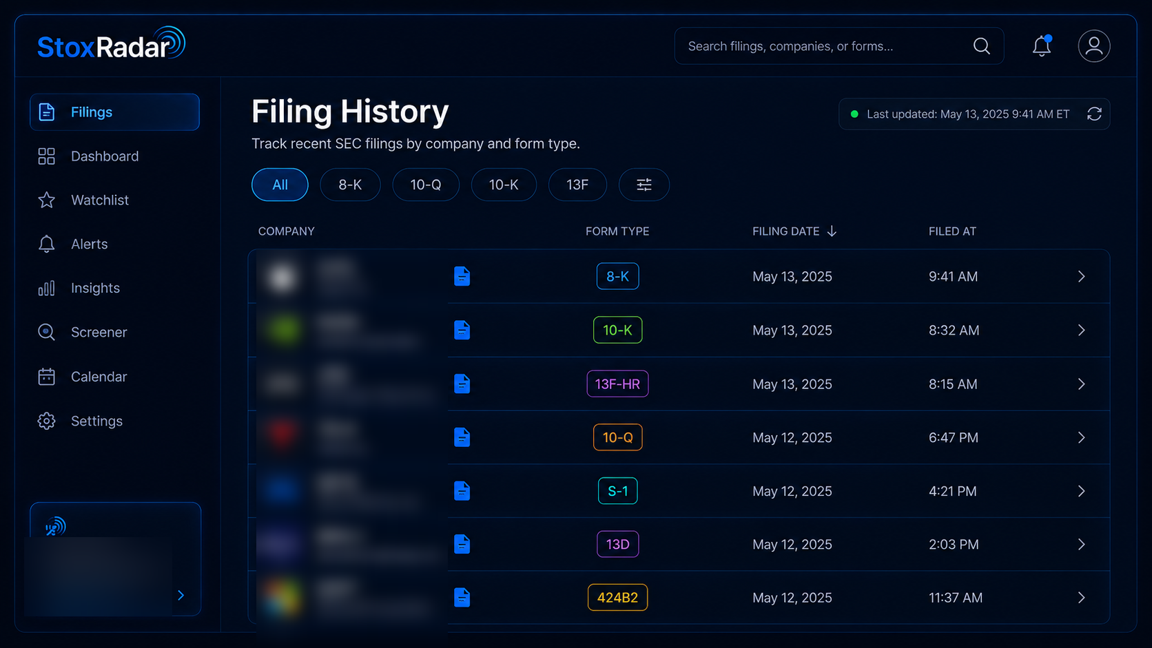 Searchable SEC filing history dashboard on StoxRadar