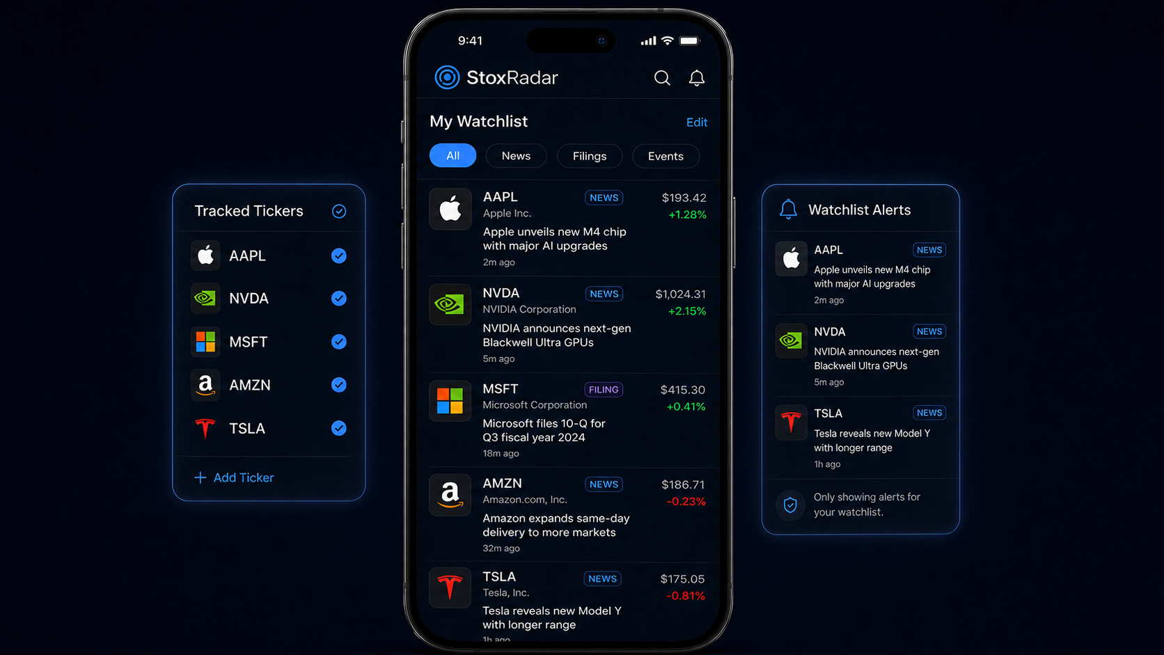 StoxRadar watchlist with tracked tickers and watchlist alerts