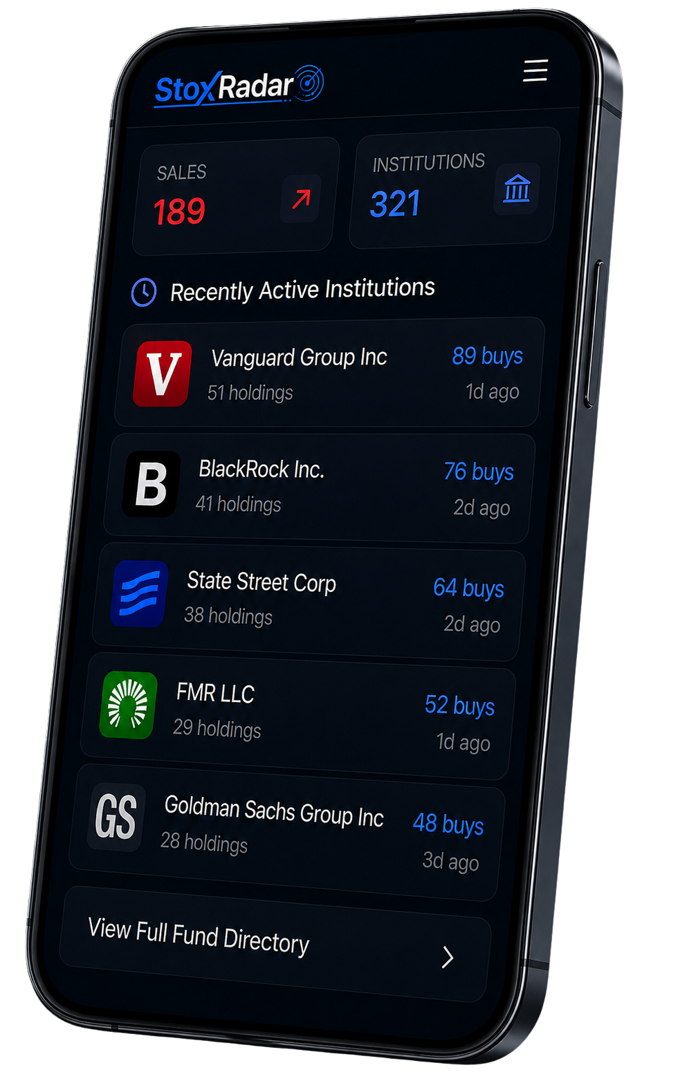 StoxRadar mobile app showing an institutional holdings directory