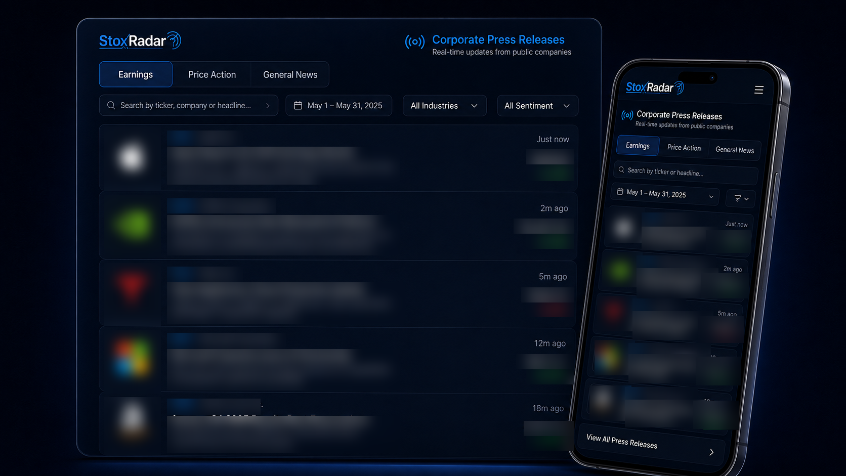 StoxRadar press release dashboard with earnings, price action and general news tabs