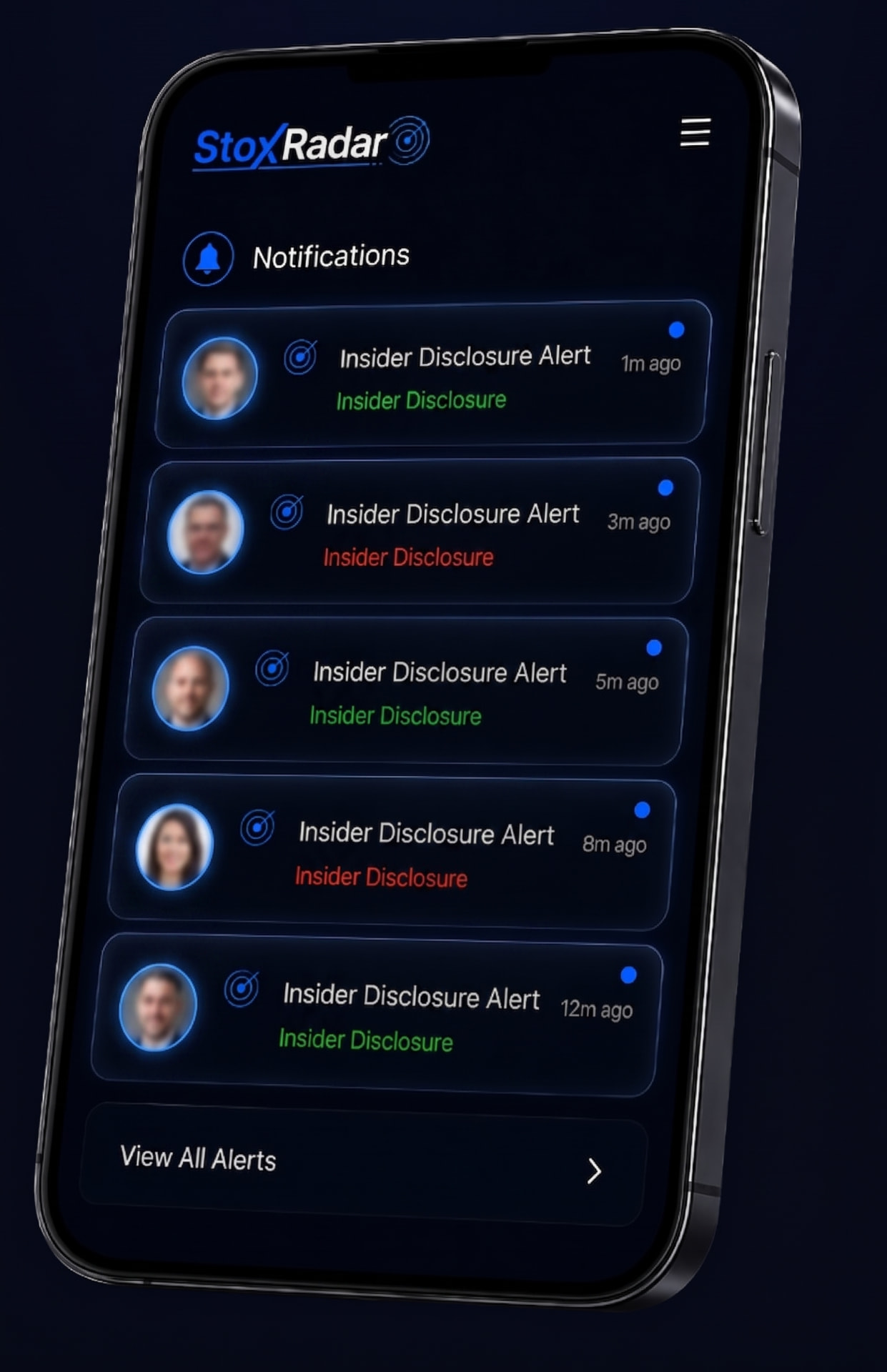 StoxRadar mobile app showing new insider trade alerts