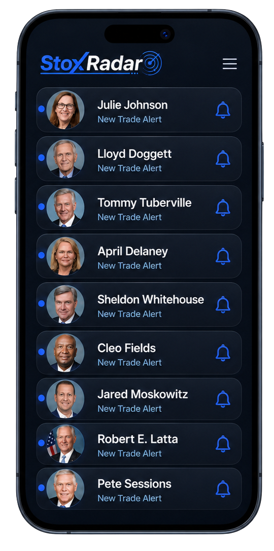 StoxRadar mobile app showing new trade alerts for politicians