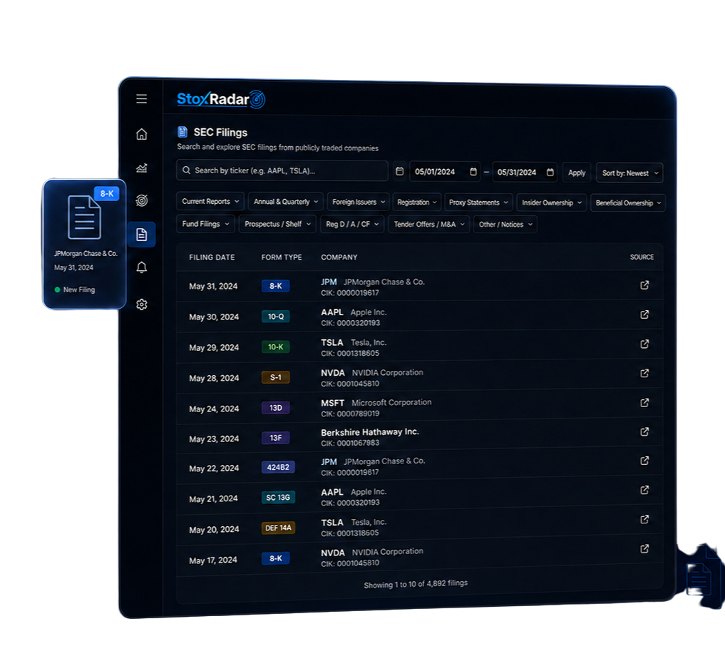 SEC filings organized by form type on StoxRadar