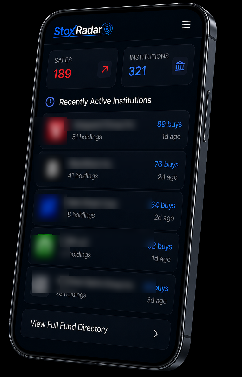 StoxRadar mobile app showing an institutional holdings directory