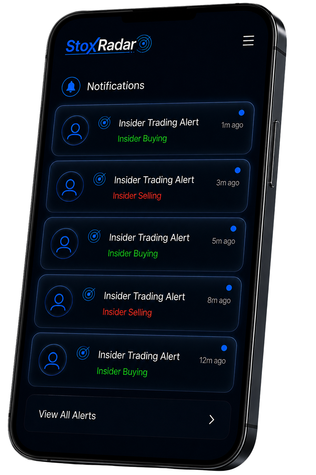 StoxRadar mobile app showing new insider trade alerts
