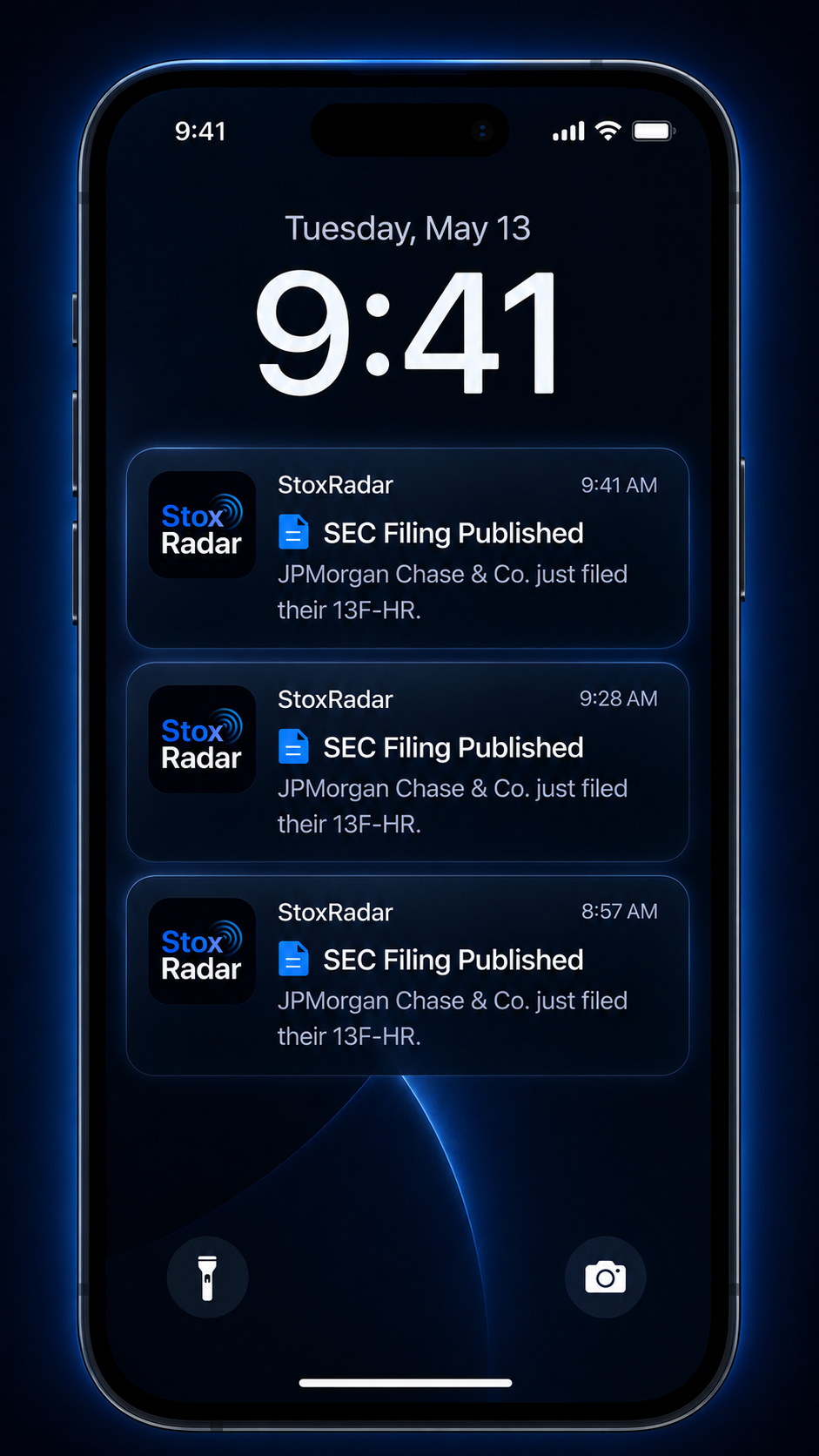 StoxRadar mobile lock screen showing SEC filing notifications