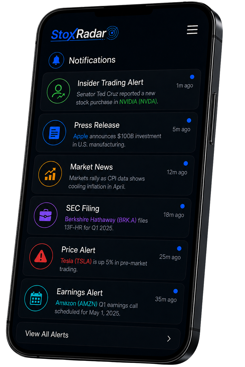 StoxRadar mobile app showing live alerts for insider trades, press releases and market news