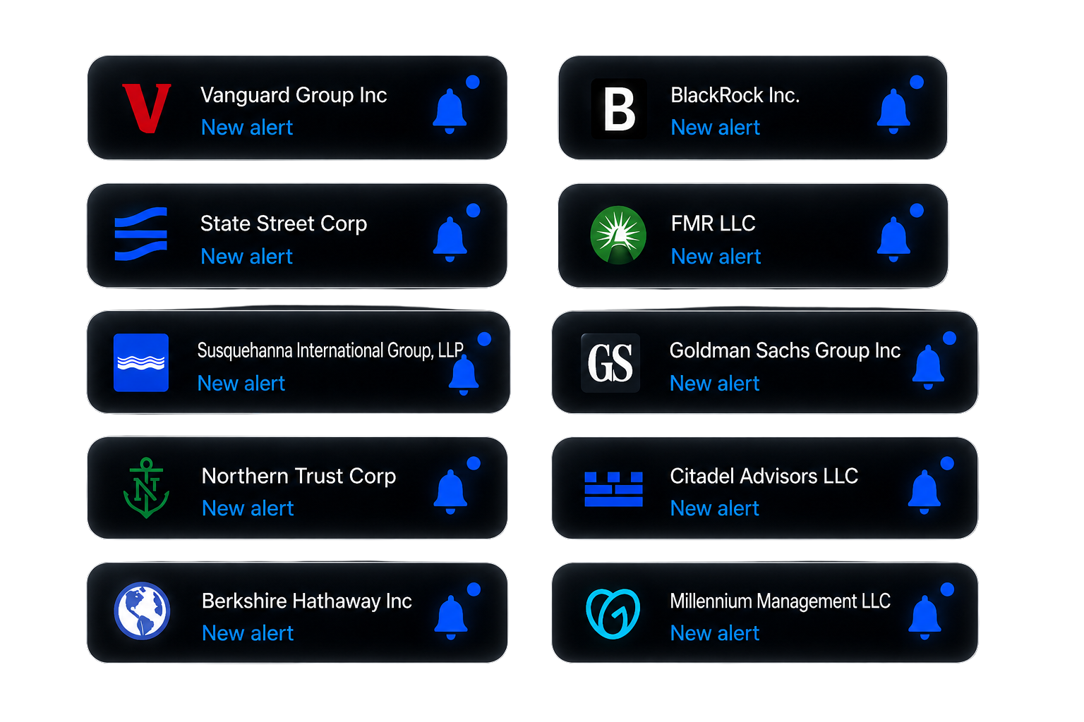New alert cards for institutions like Vanguard, BlackRock and Citadel on StoxRadar