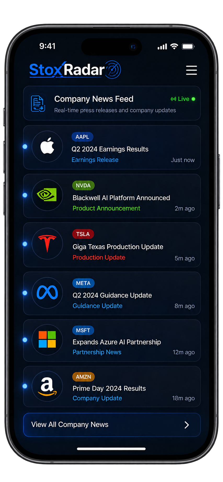 StoxRadar mobile app showing investment news alerts