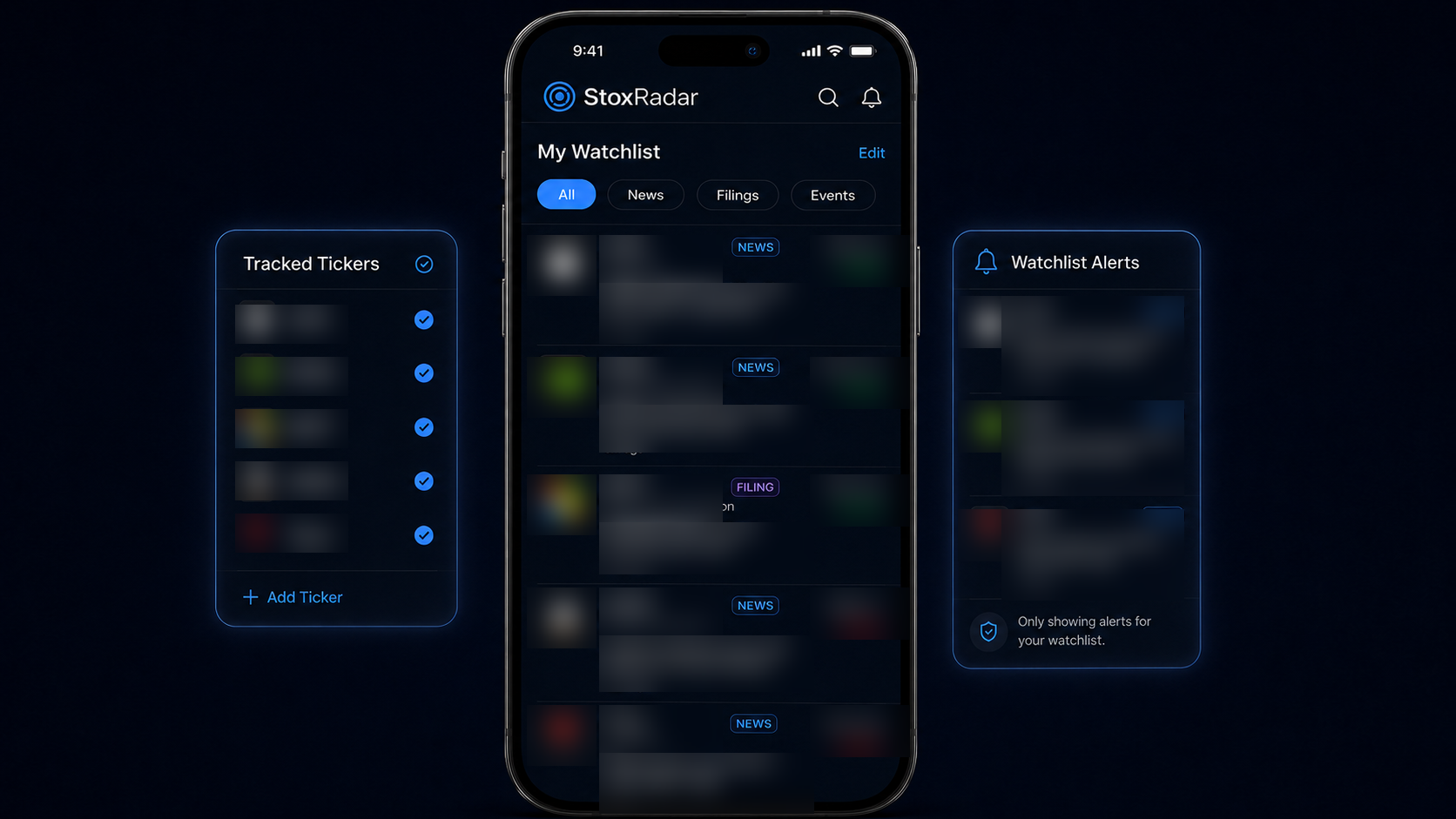 StoxRadar watchlist with tracked tickers and watchlist alerts