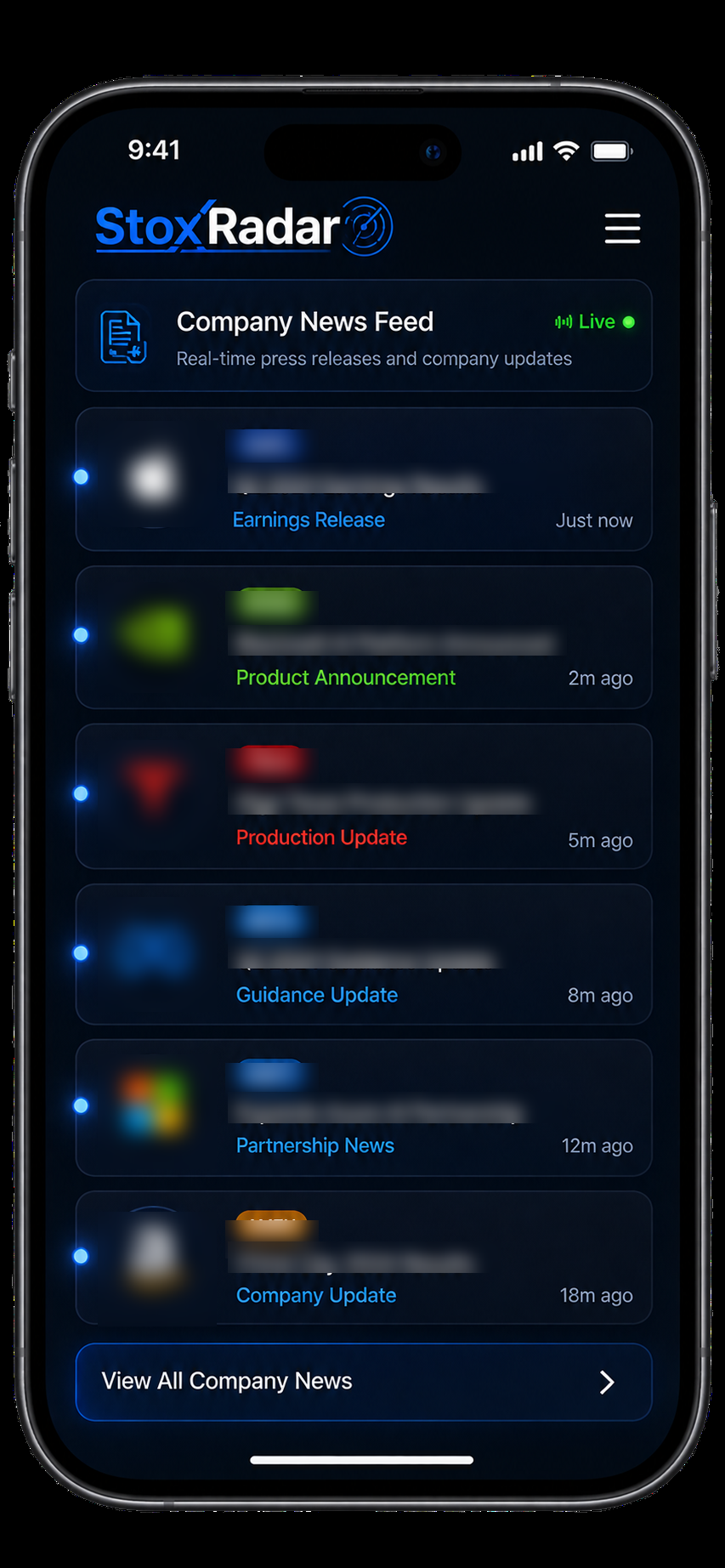 StoxRadar mobile app showing investment news alerts