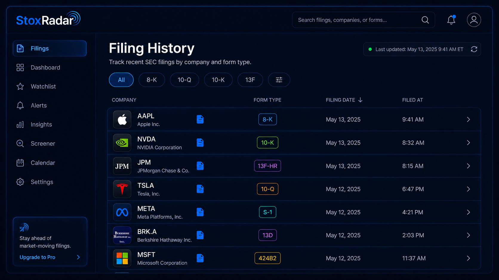 Searchable SEC filing history on StoxRadar