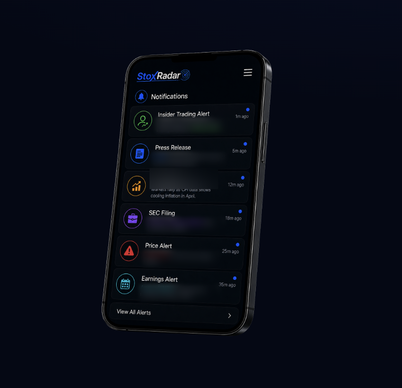 StoxRadar mobile app showing live alerts for insider trades, press releases and market news