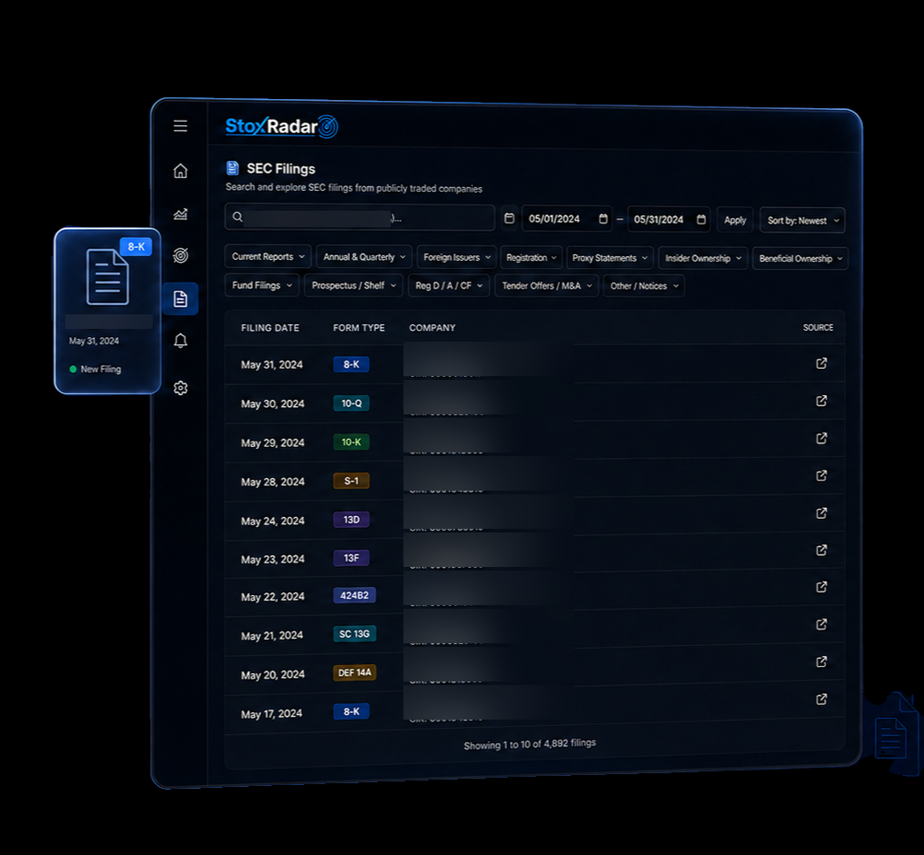SEC filings organized by form type on StoxRadar